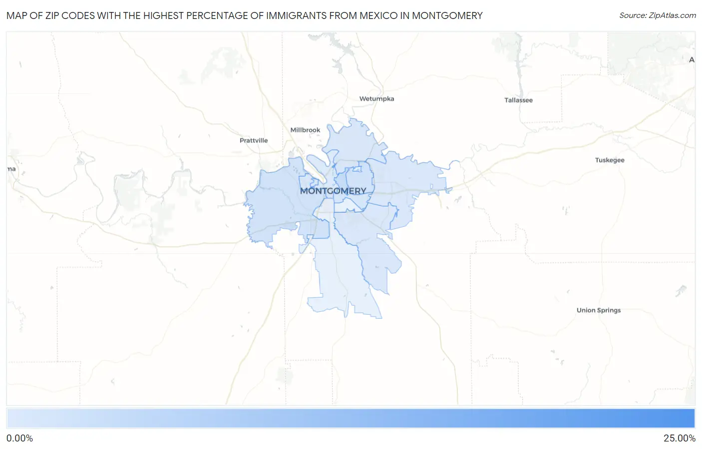 Zip Codes with the Highest Percentage of Immigrants from Mexico in Montgomery Map