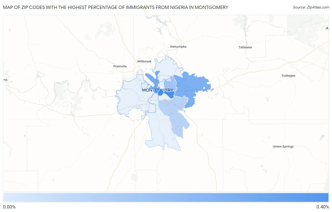 Zip Codes with the Highest Percentage of Immigrants from Nigeria in Montgomery Map