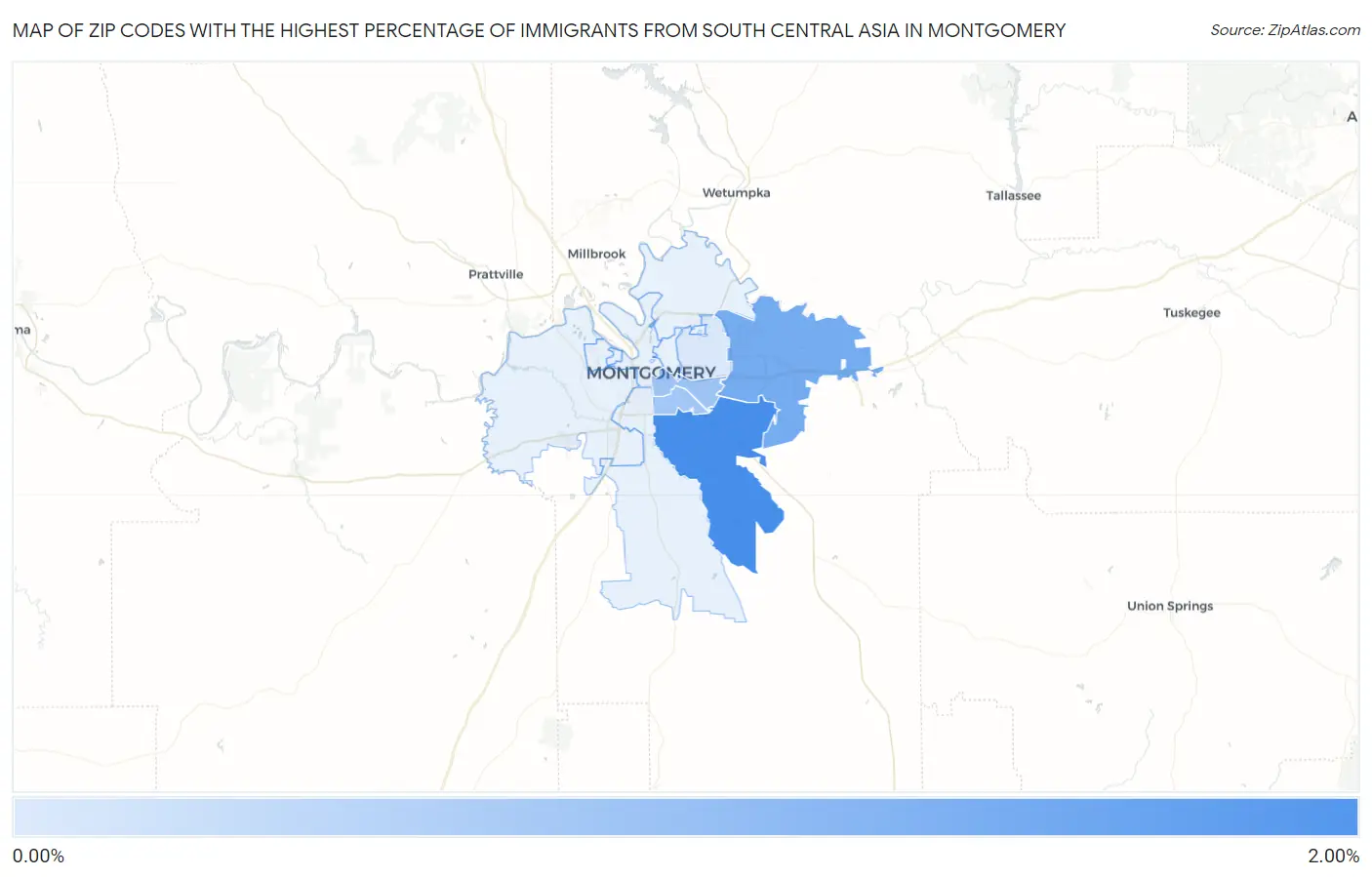 Zip Codes with the Highest Percentage of Immigrants from South Central Asia in Montgomery Map