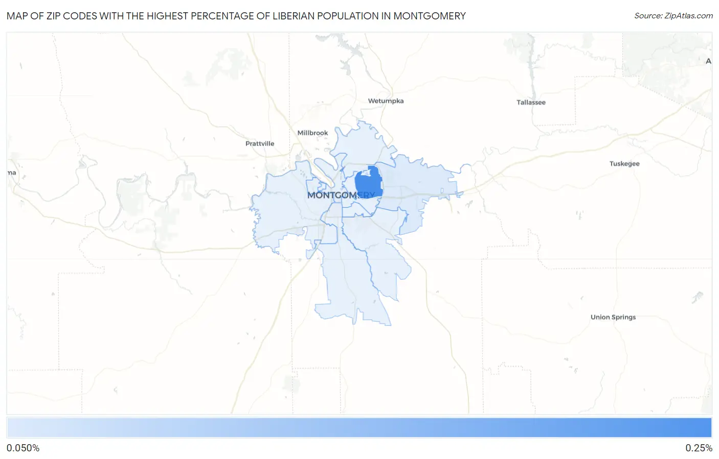 Zip Codes with the Highest Percentage of Liberian Population in Montgomery Map