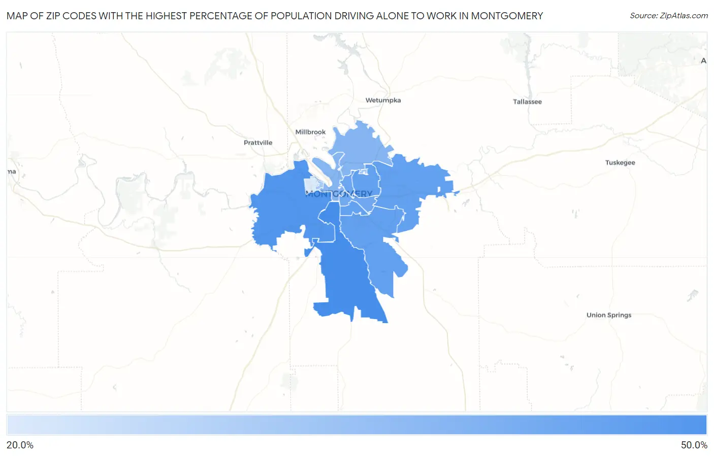 Zip Codes with the Highest Percentage of Population Driving Alone to Work in Montgomery Map