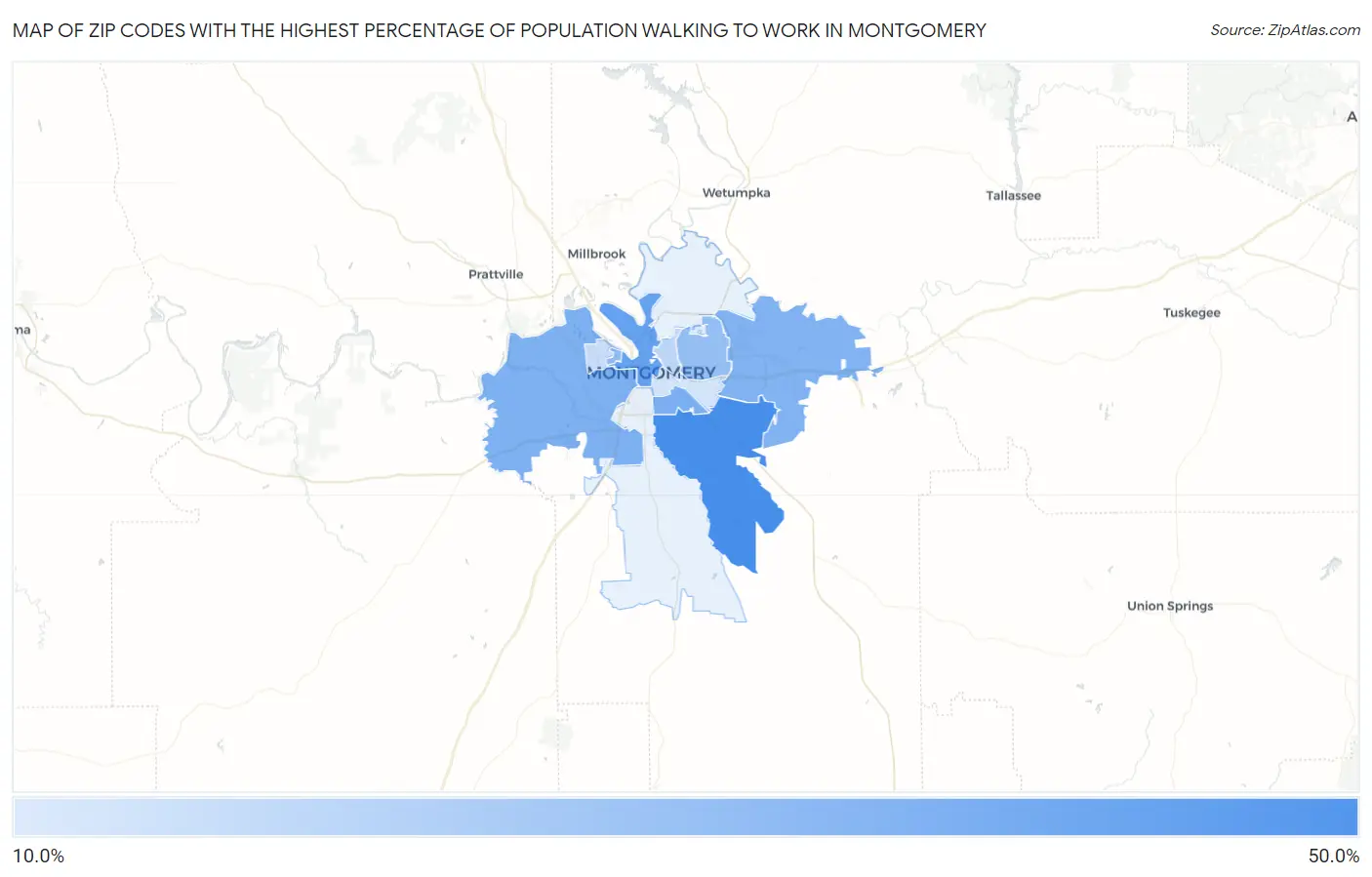 Zip Codes with the Highest Percentage of Population Walking to Work in Montgomery Map