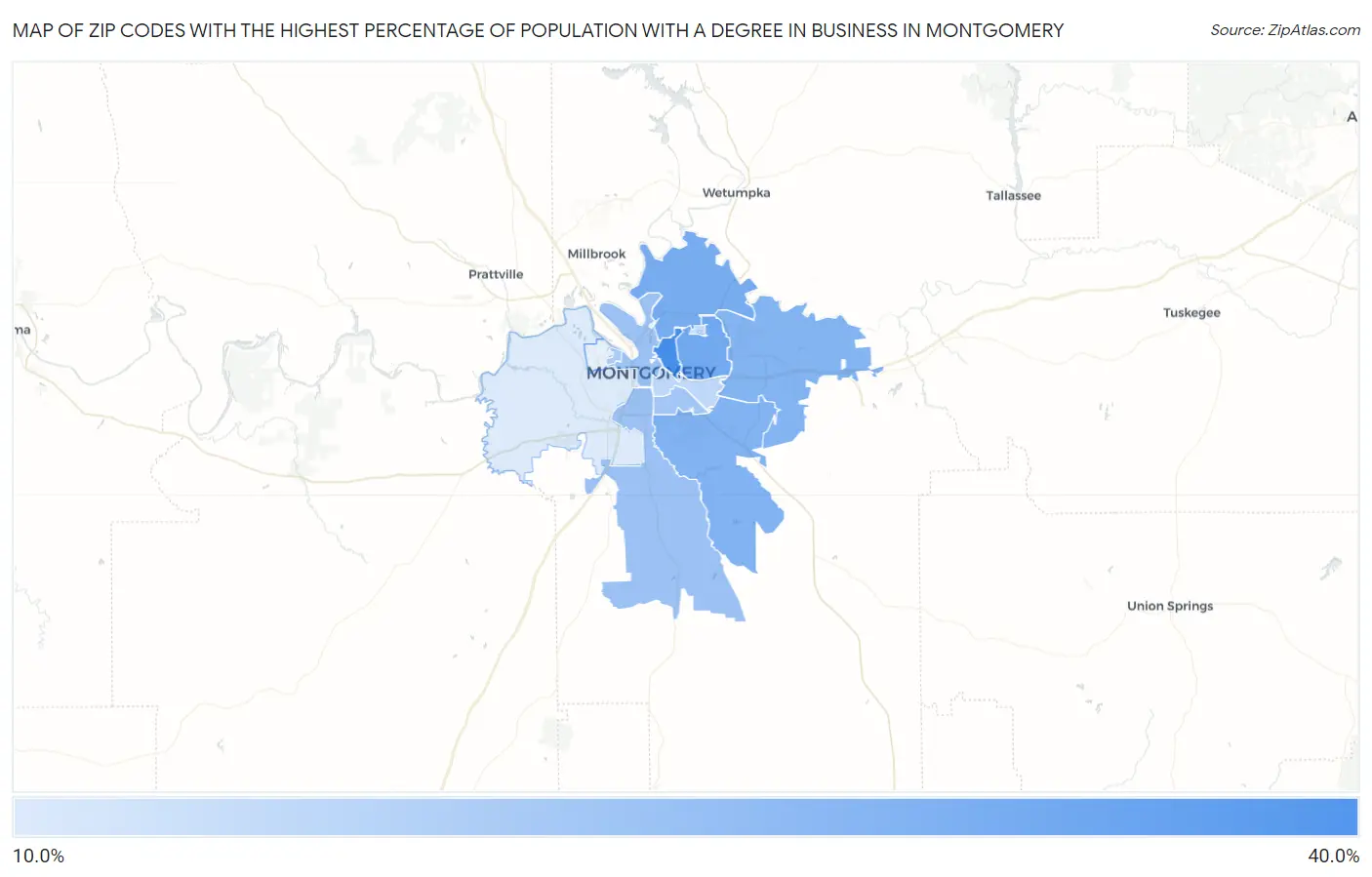 Zip Codes with the Highest Percentage of Population with a Degree in Business in Montgomery Map