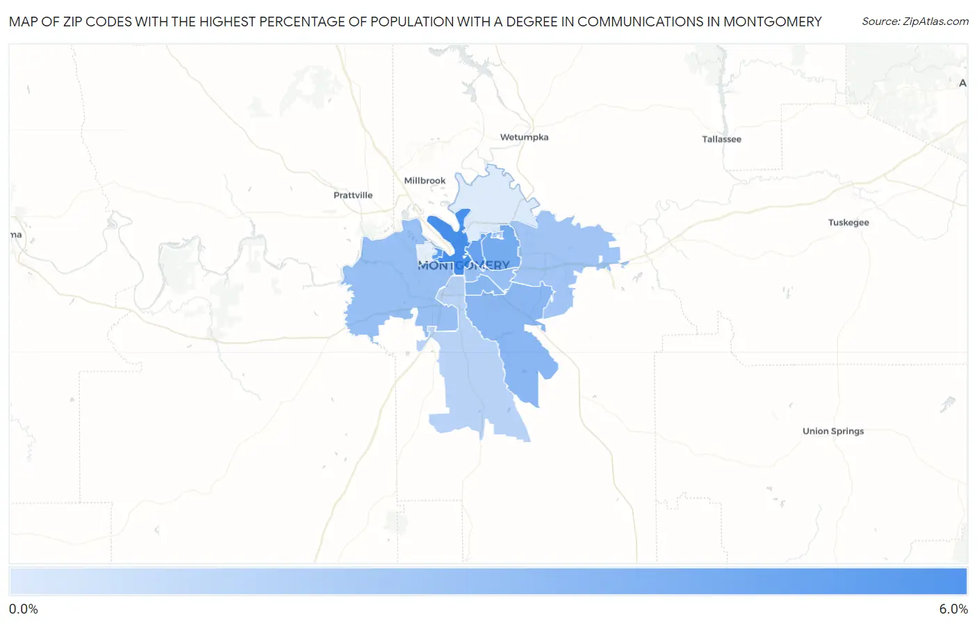Zip Codes with the Highest Percentage of Population with a Degree in Communications in Montgomery Map