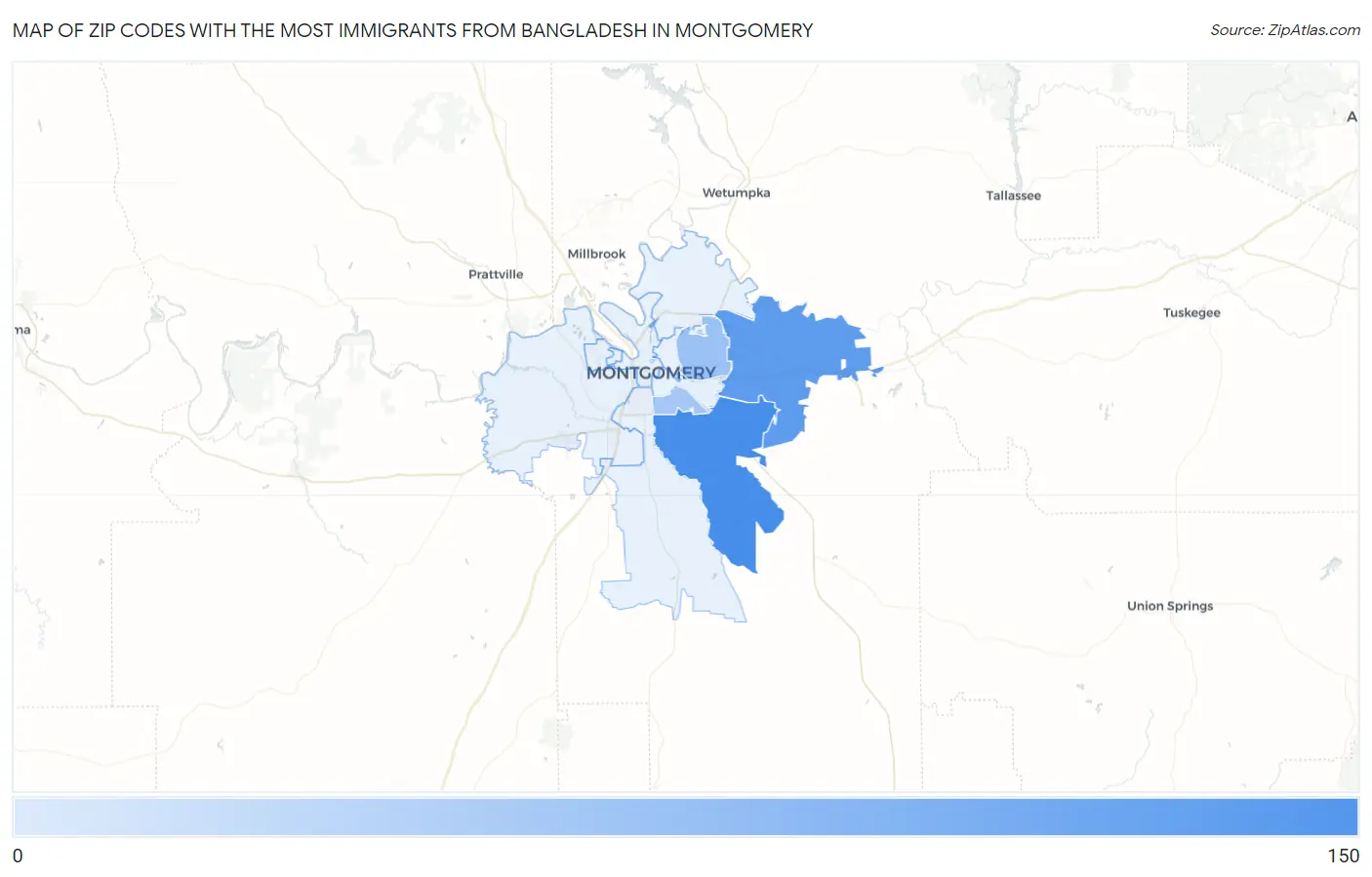 Zip Codes with the Most Immigrants from Bangladesh in Montgomery Map