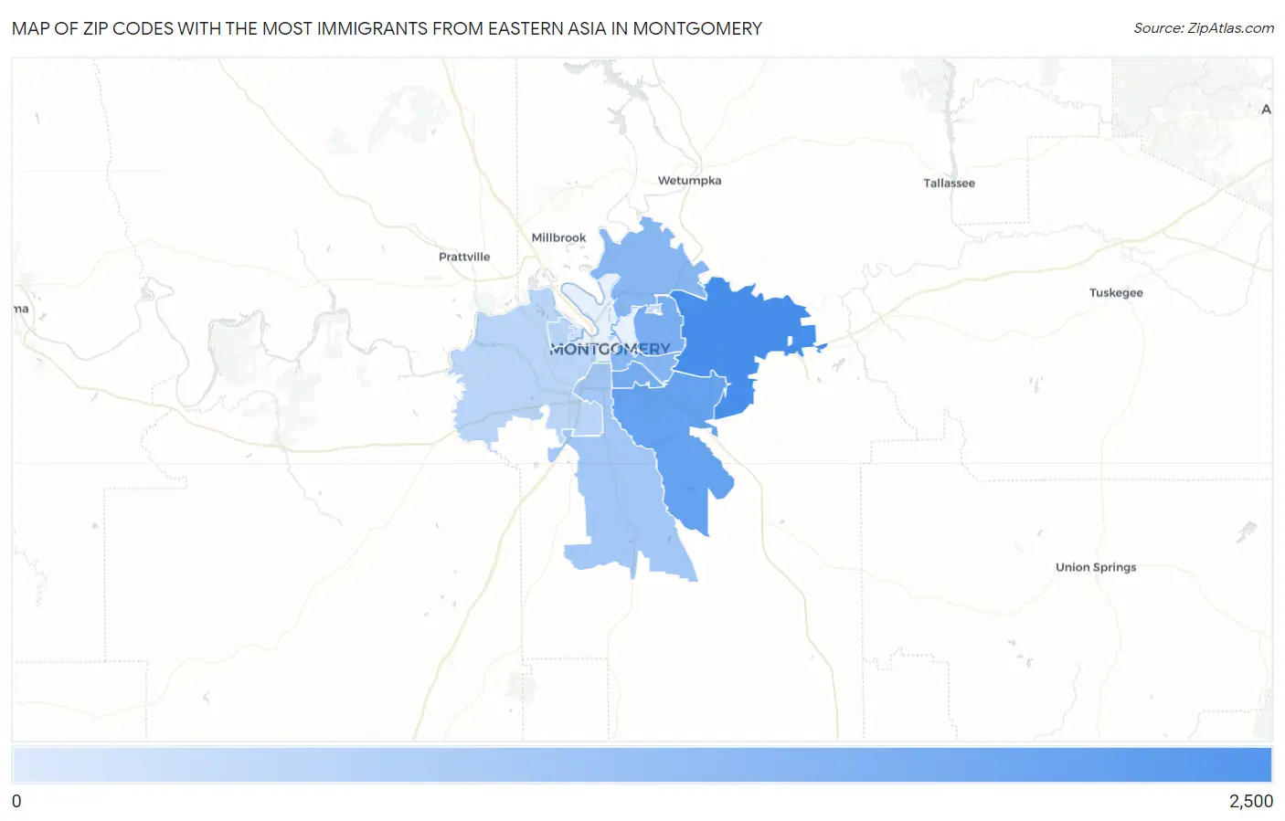 Zip Codes with the Most Immigrants from Eastern Asia in Montgomery Map