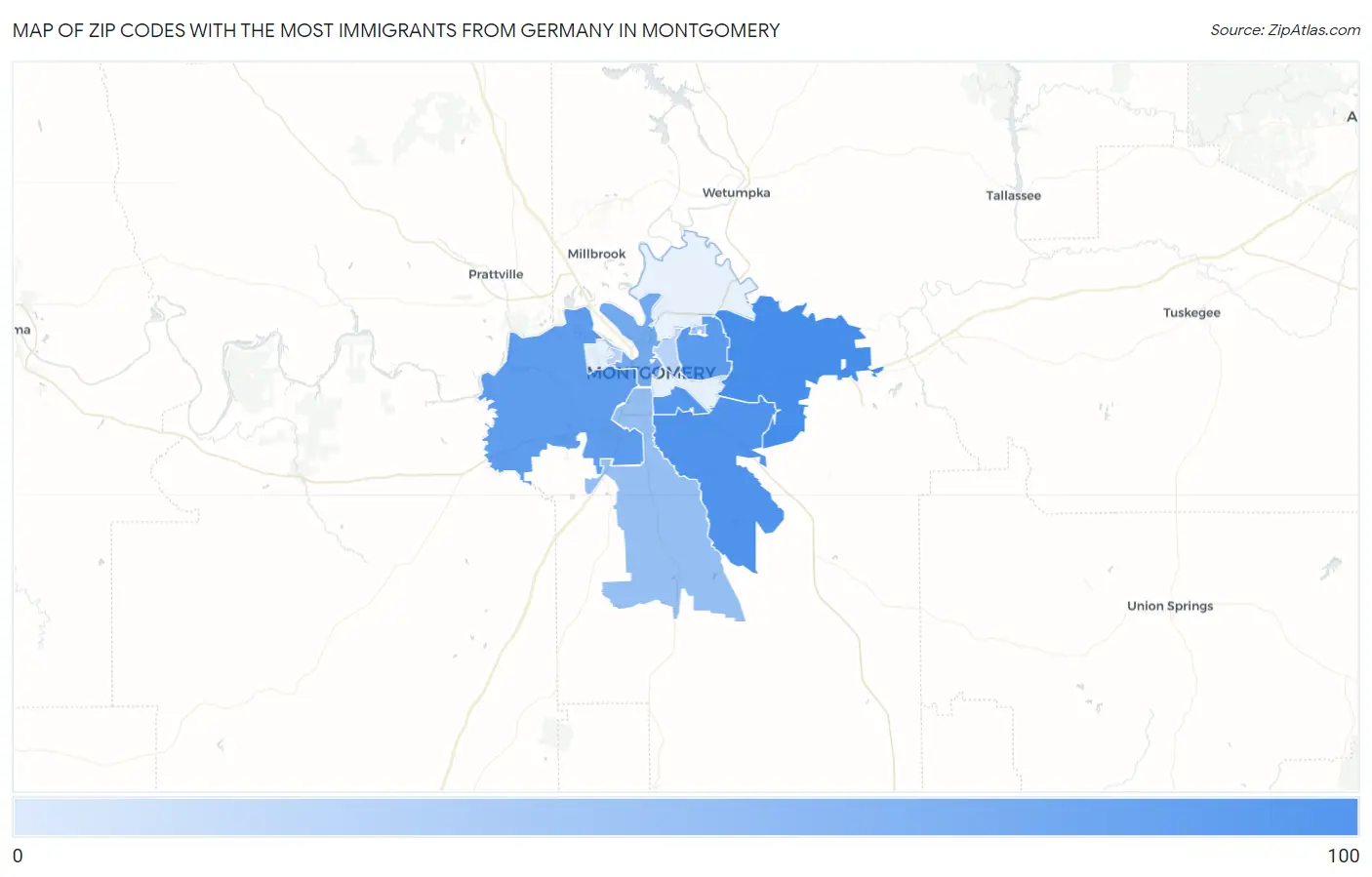 Zip Codes with the Most Immigrants from Germany in Montgomery Map