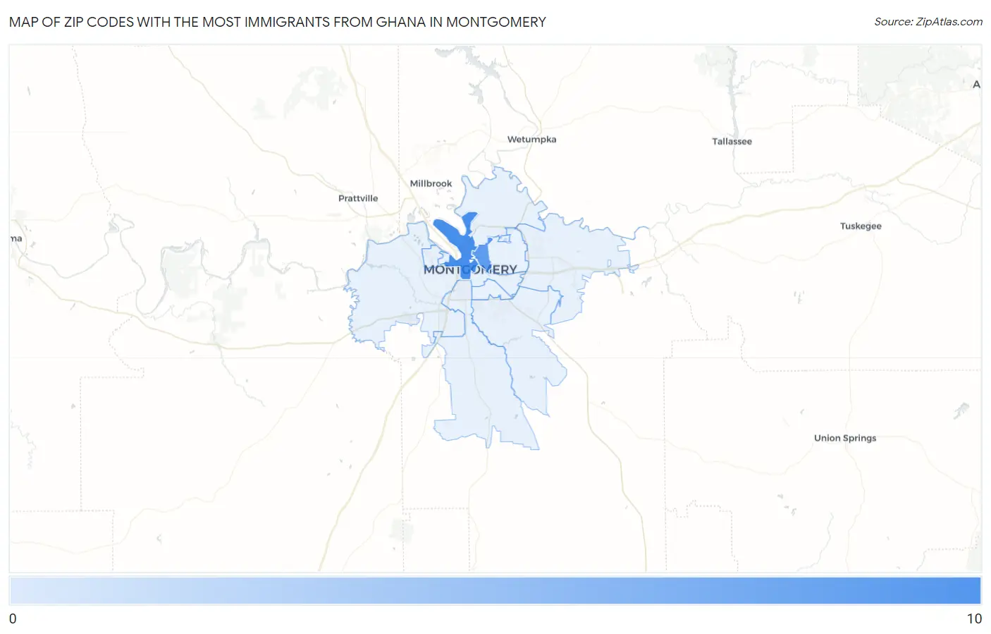 Zip Codes with the Most Immigrants from Ghana in Montgomery Map