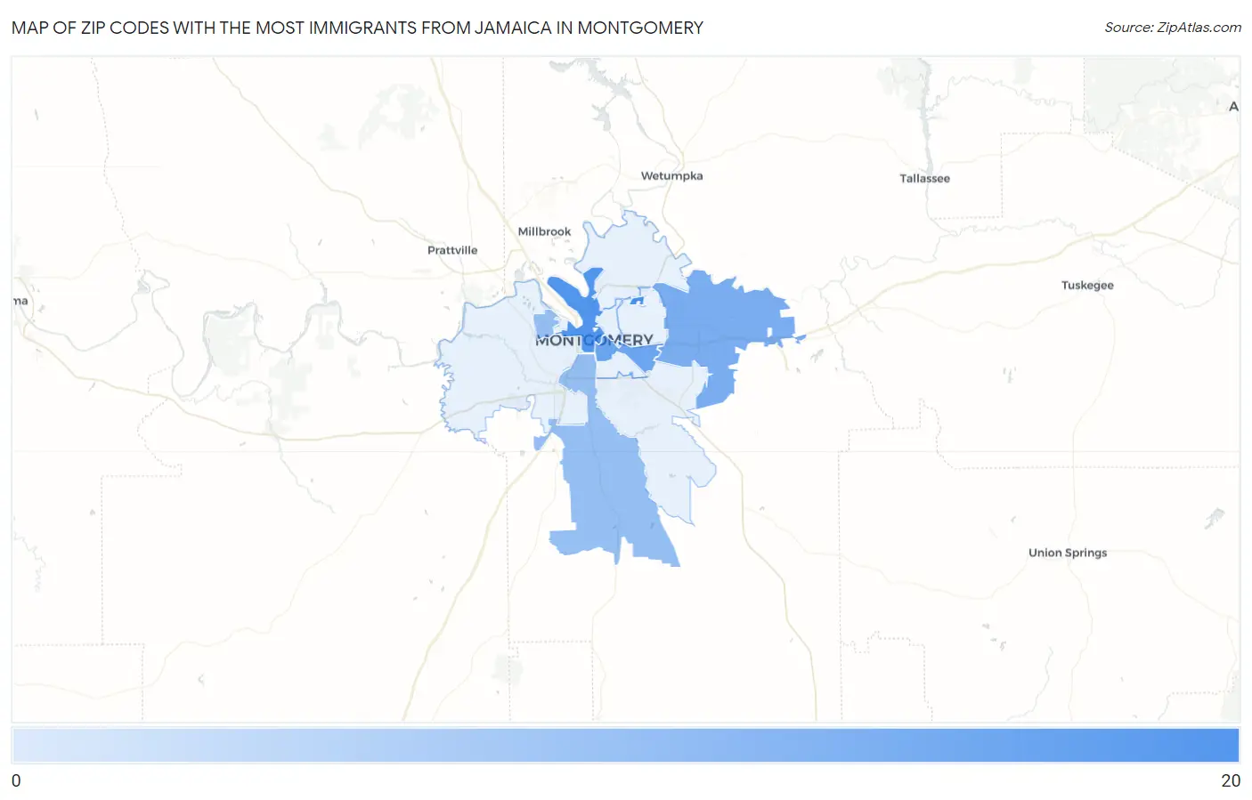 Zip Codes with the Most Immigrants from Jamaica in Montgomery Map