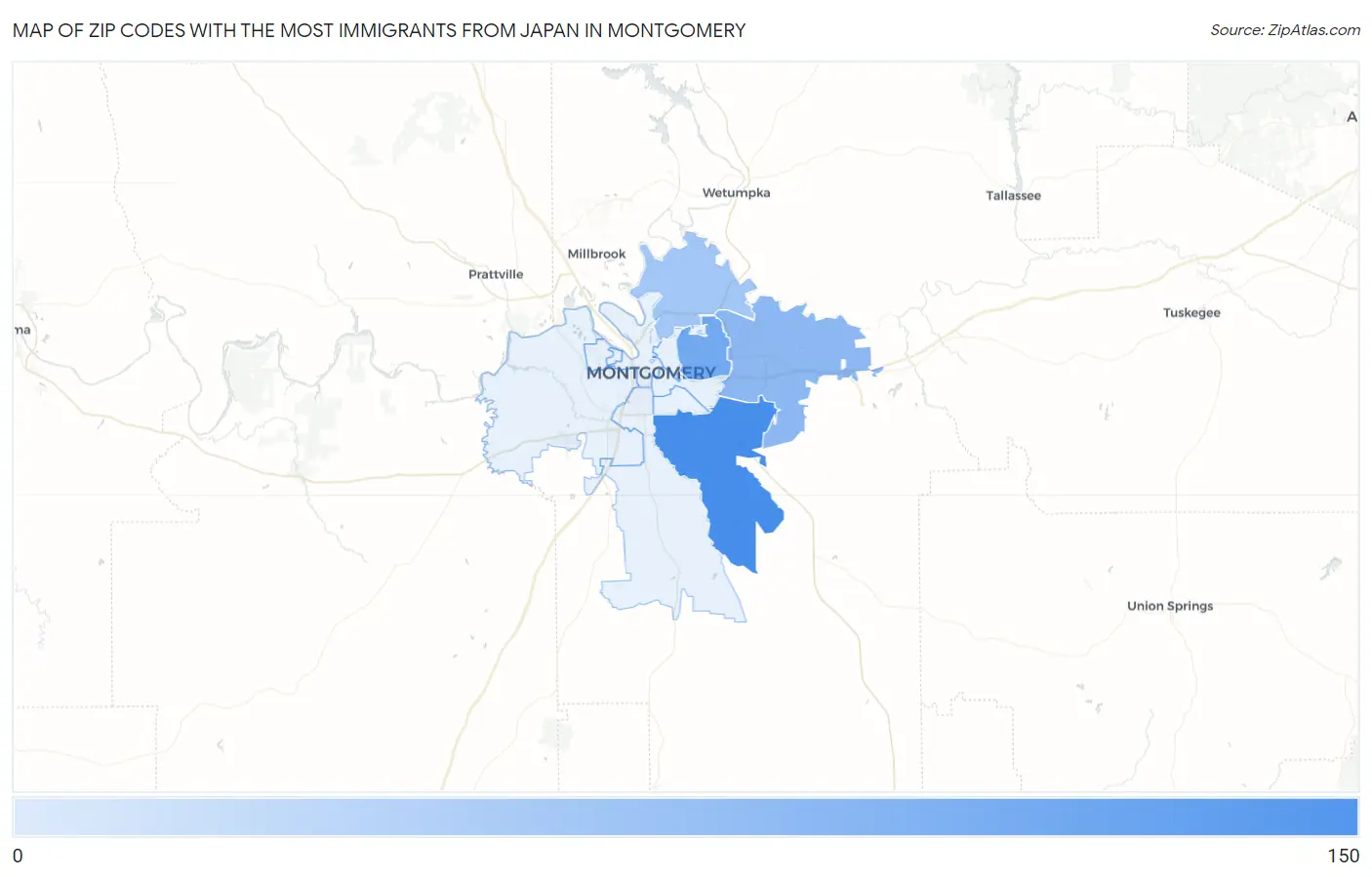Zip Codes with the Most Immigrants from Japan in Montgomery Map