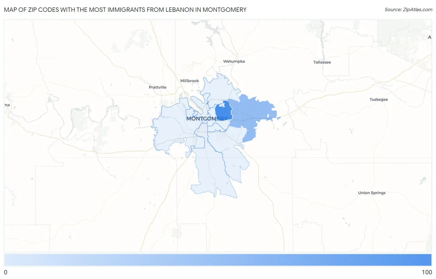 Zip Codes with the Most Immigrants from Lebanon in Montgomery Map