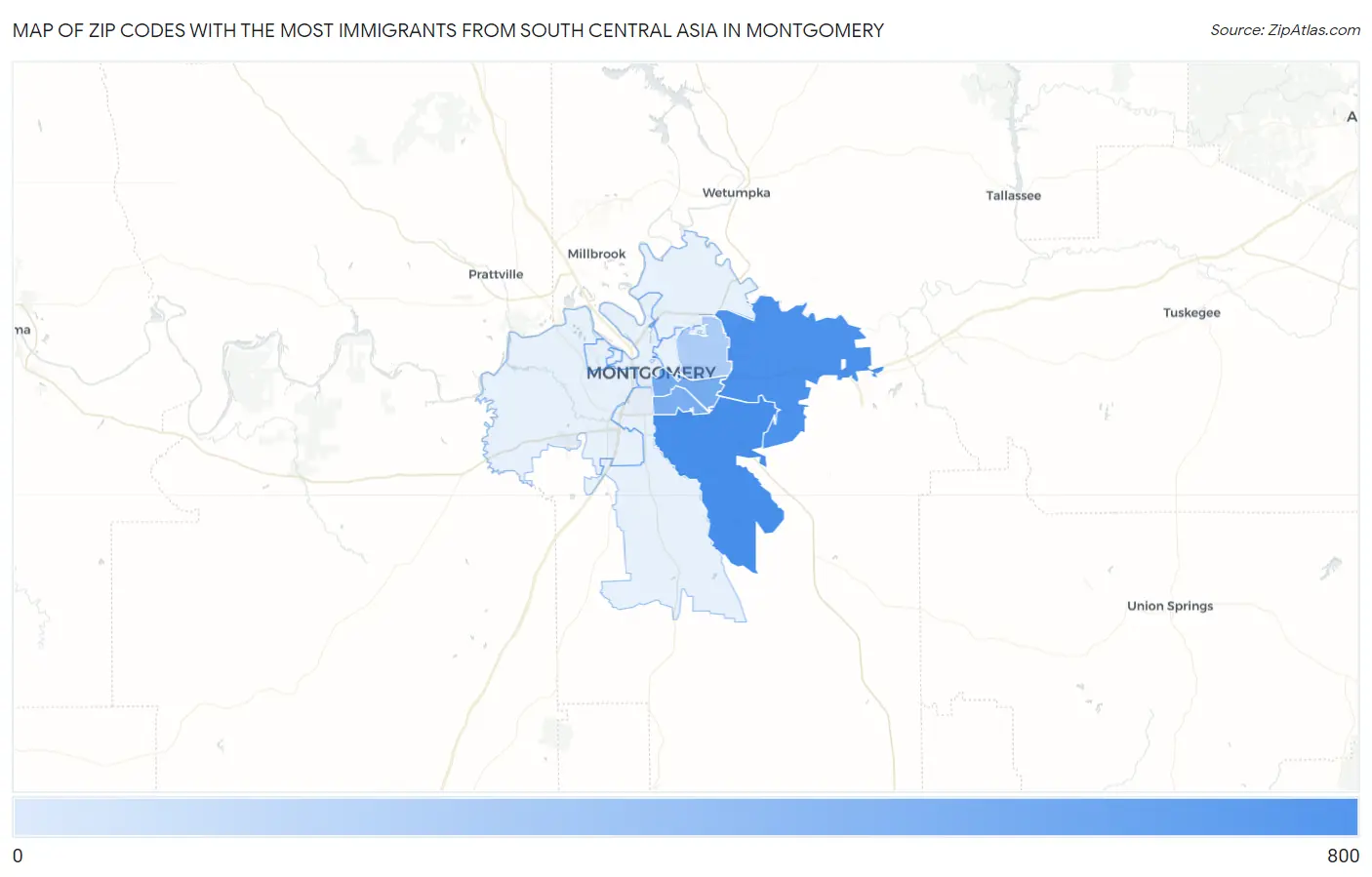 Zip Codes with the Most Immigrants from South Central Asia in Montgomery Map