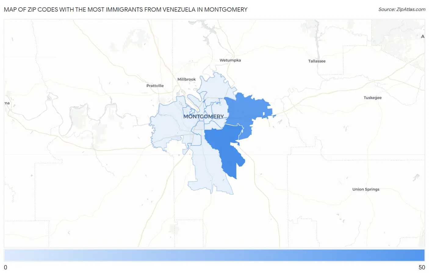Zip Codes with the Most Immigrants from Venezuela in Montgomery Map