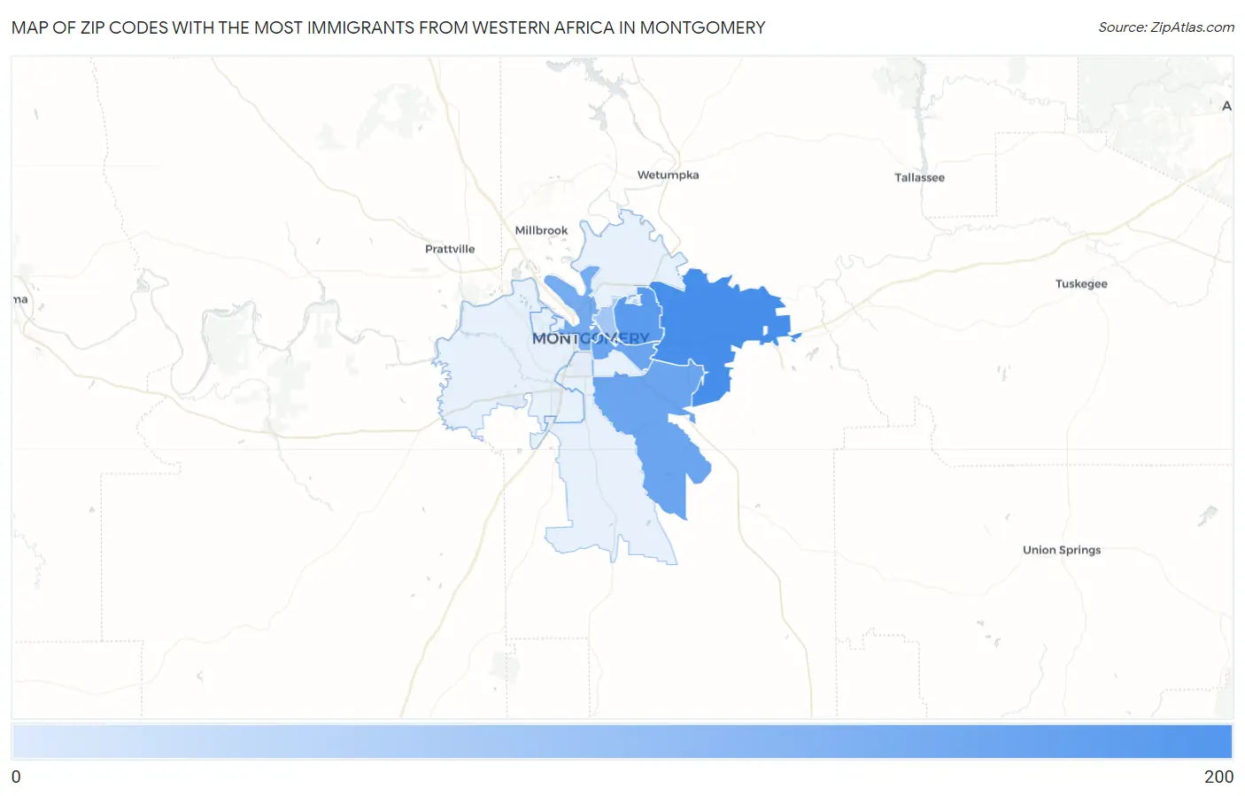 Zip Codes with the Most Immigrants from Western Africa in Montgomery Map