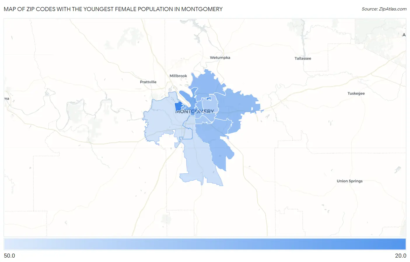 Zip Codes with the Youngest Female Population in Montgomery Map