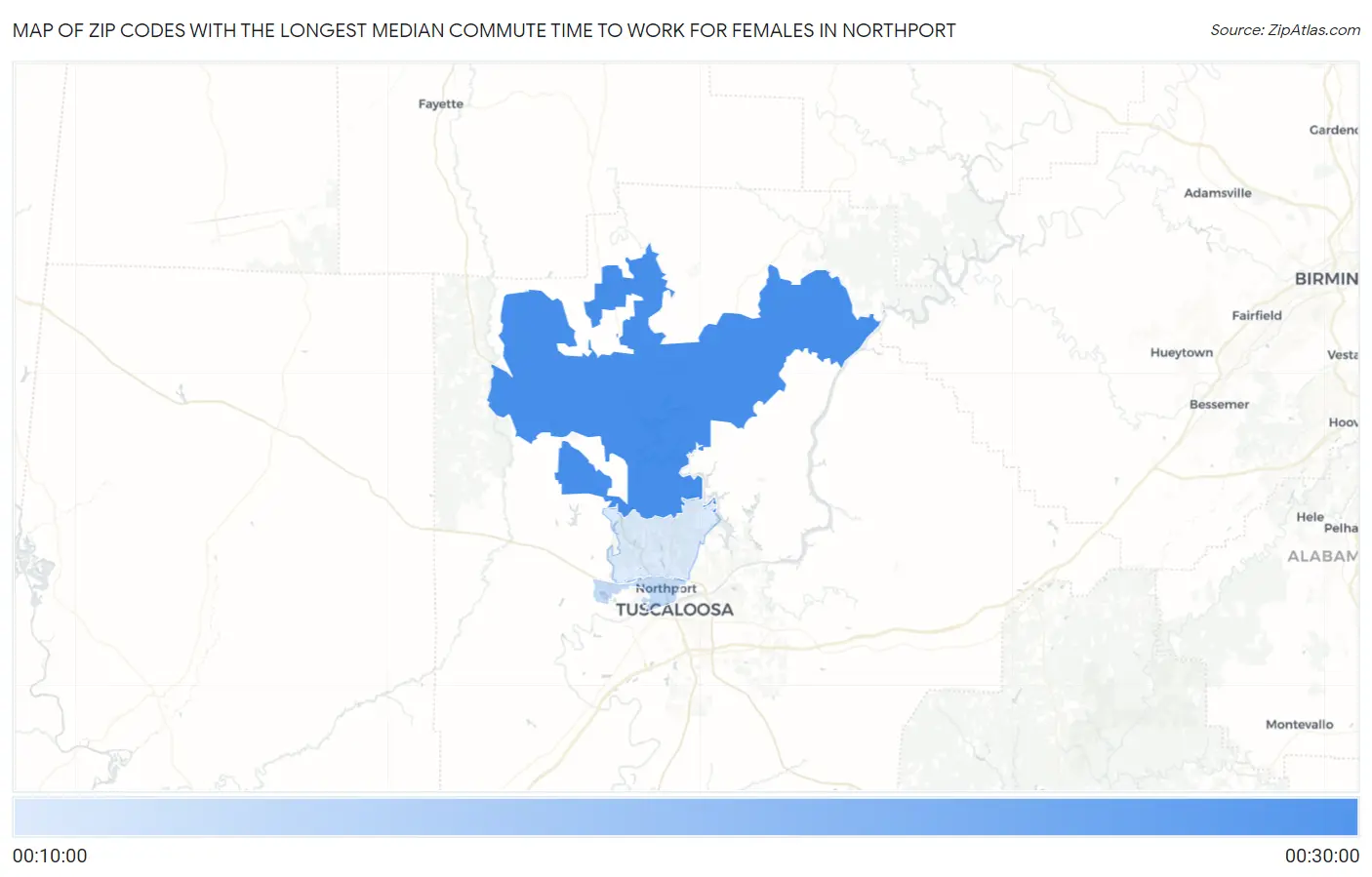 Zip Codes with the Longest Median Commute Time to Work for Females in Northport Map