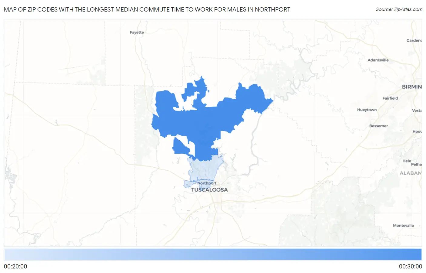 Zip Codes with the Longest Median Commute Time to Work for Males in Northport Map