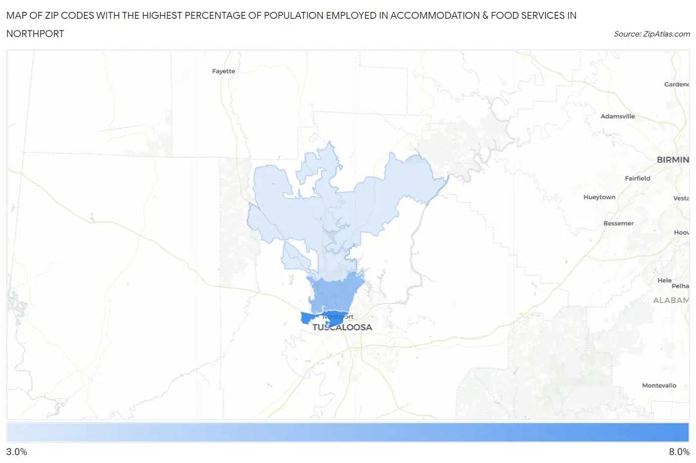 Zip Codes with the Highest Percentage of Population Employed in Accommodation & Food Services in Northport Map