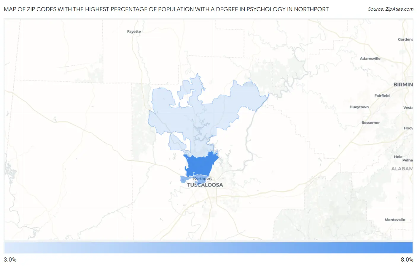 Zip Codes with the Highest Percentage of Population with a Degree in Psychology in Northport Map