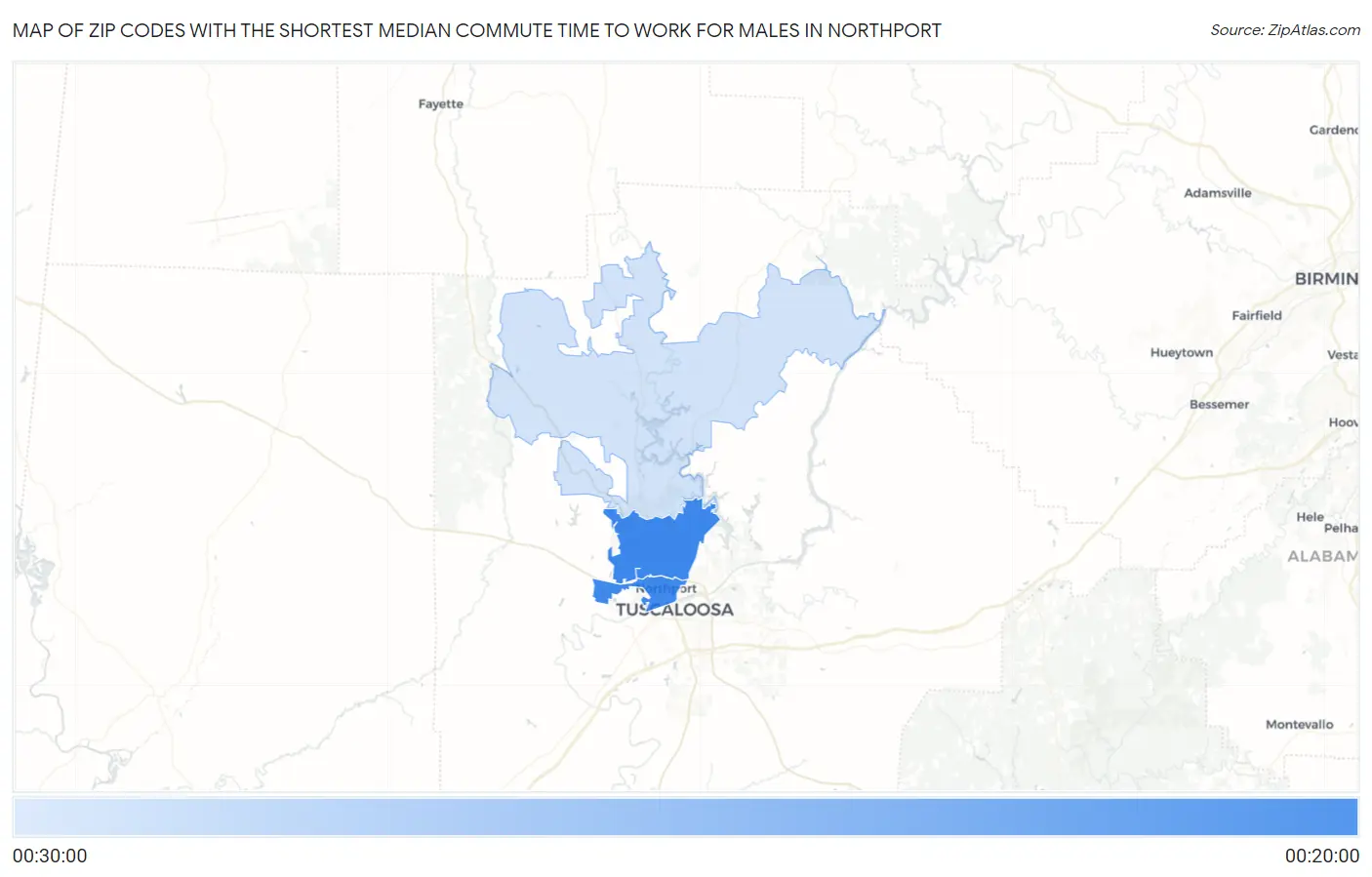 Zip Codes with the Shortest Median Commute Time to Work for Males in Northport Map