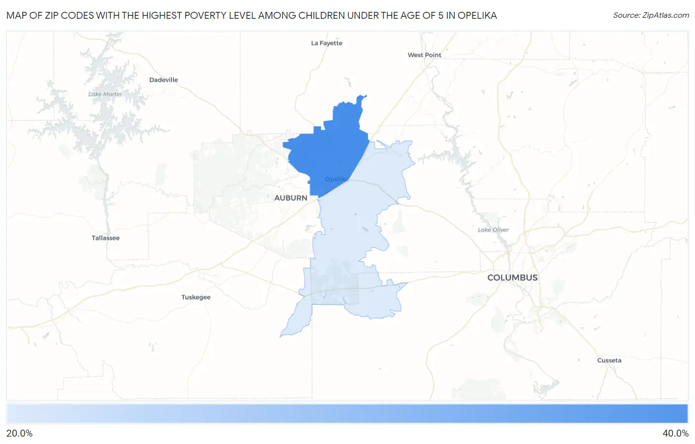 Zip Codes with the Highest Poverty Level Among Children Under the Age of 5 in Opelika Map