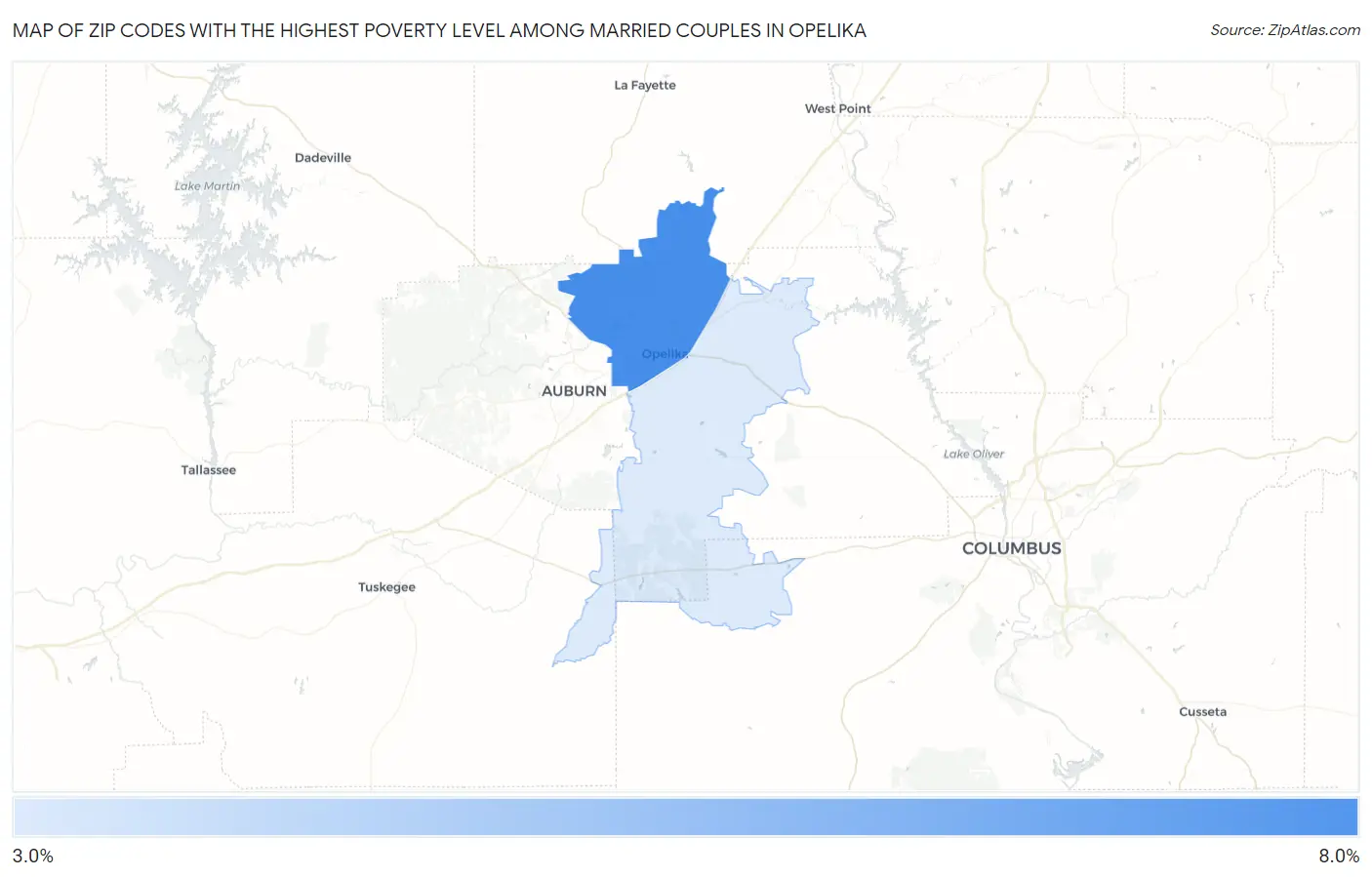 Zip Codes with the Highest Poverty Level Among Married Couples in Opelika Map