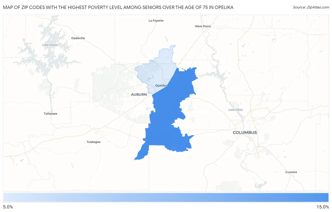 Zip Codes with the Highest Poverty Level Among Seniors Over the Age of 75 in Opelika Map