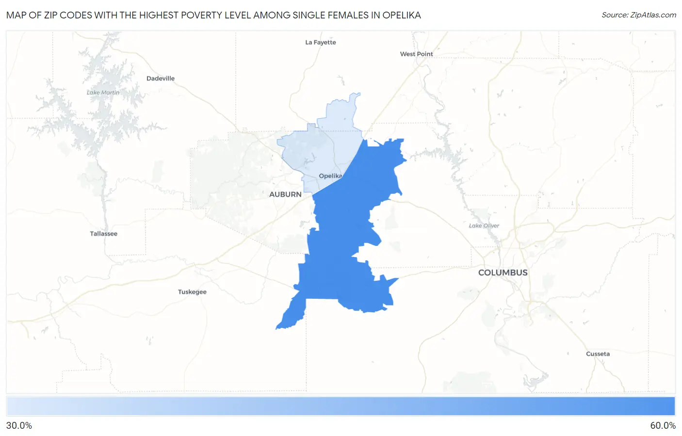 Zip Codes with the Highest Poverty Level Among Single Females in Opelika Map