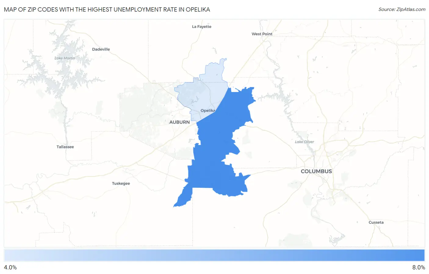 Zip Codes with the Highest Unemployment Rate in Opelika Map
