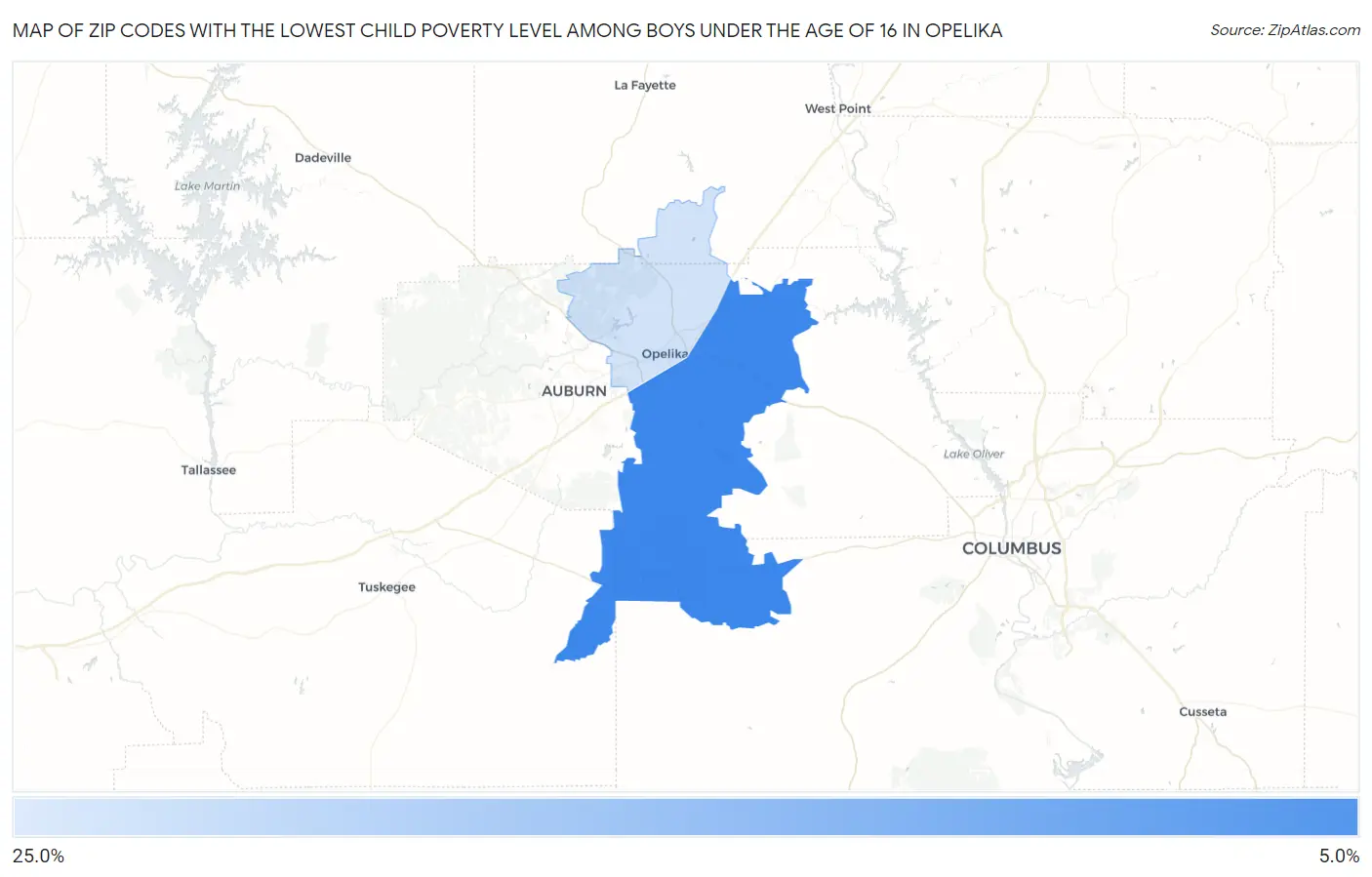 Zip Codes with the Lowest Child Poverty Level Among Boys Under the Age of 16 in Opelika Map