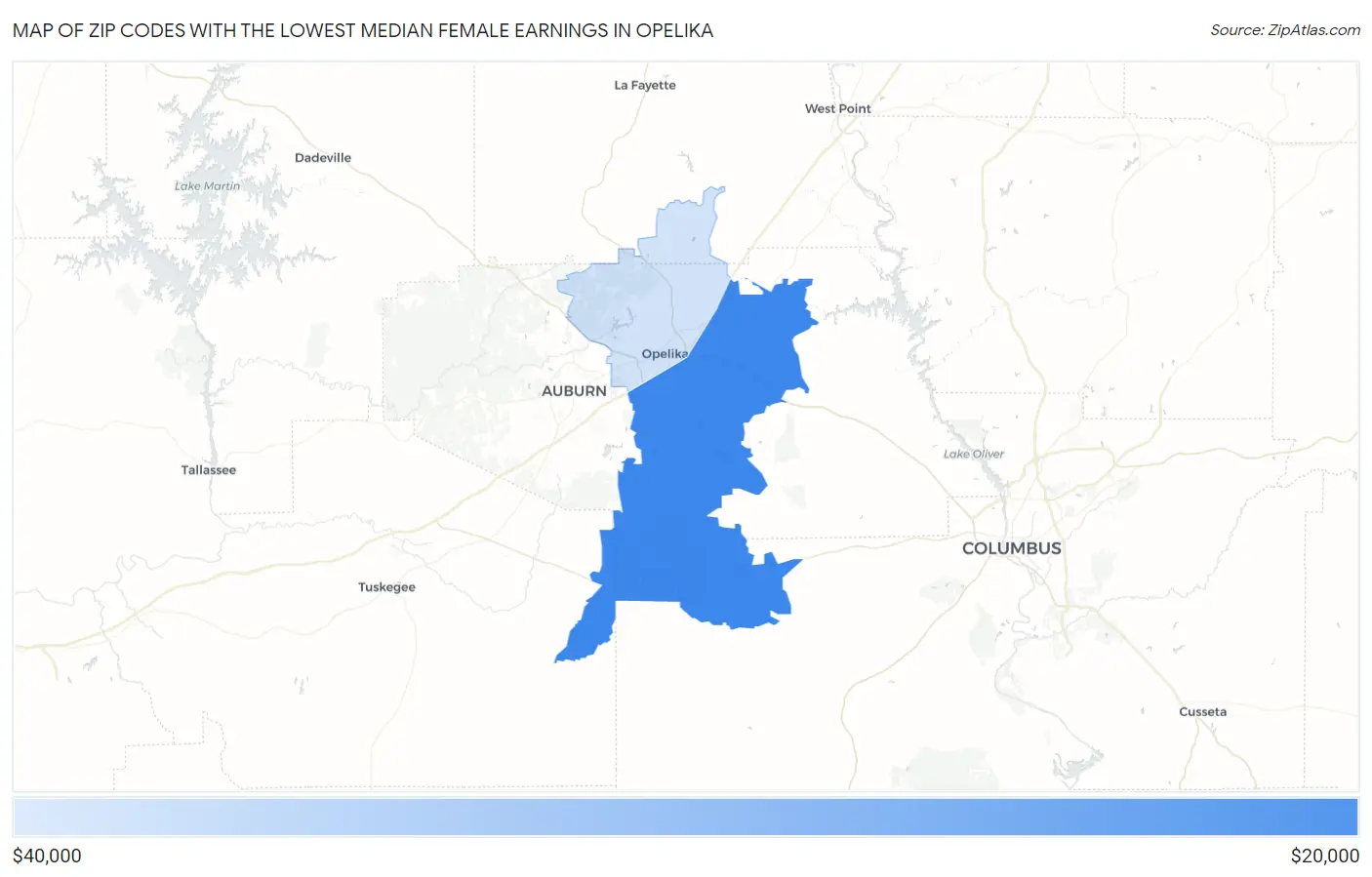 Zip Codes with the Lowest Median Female Earnings in Opelika Map
