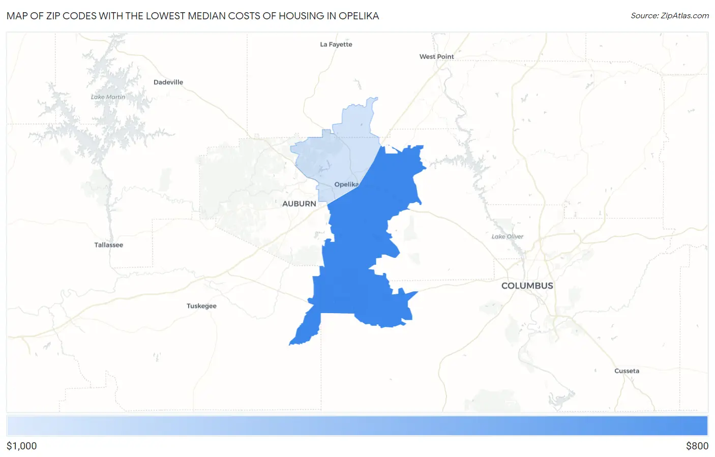 Zip Codes with the Lowest Median Costs of Housing in Opelika Map