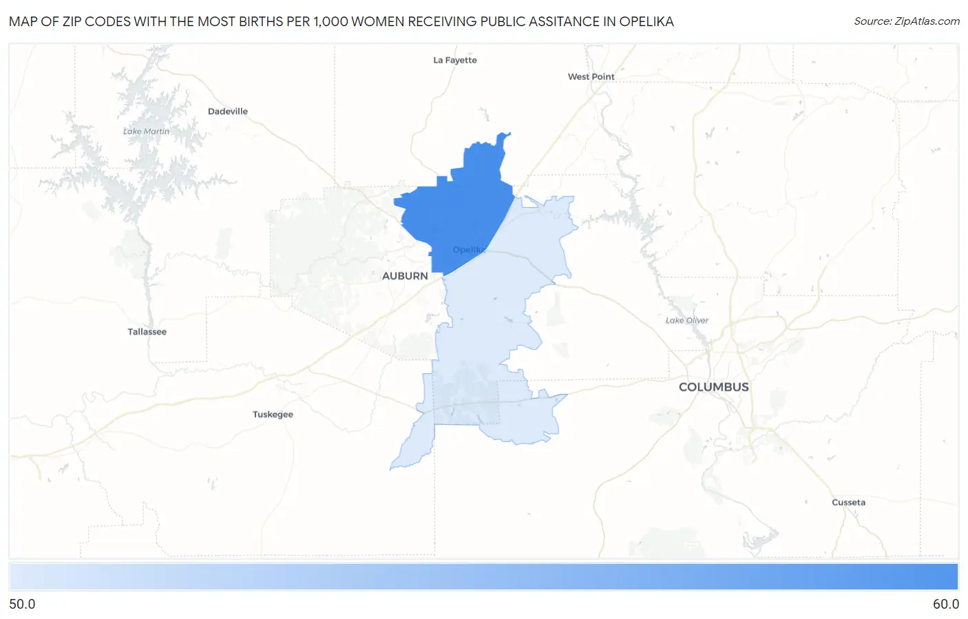 Zip Codes with the Most Births per 1,000 Women Receiving Public Assitance in Opelika Map