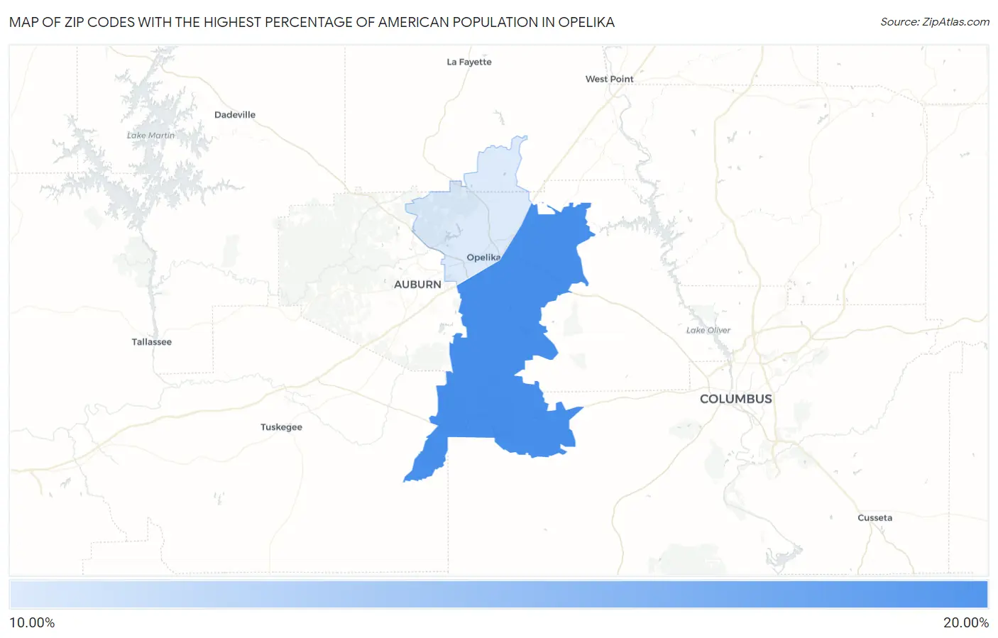 Zip Codes with the Highest Percentage of American Population in Opelika Map
