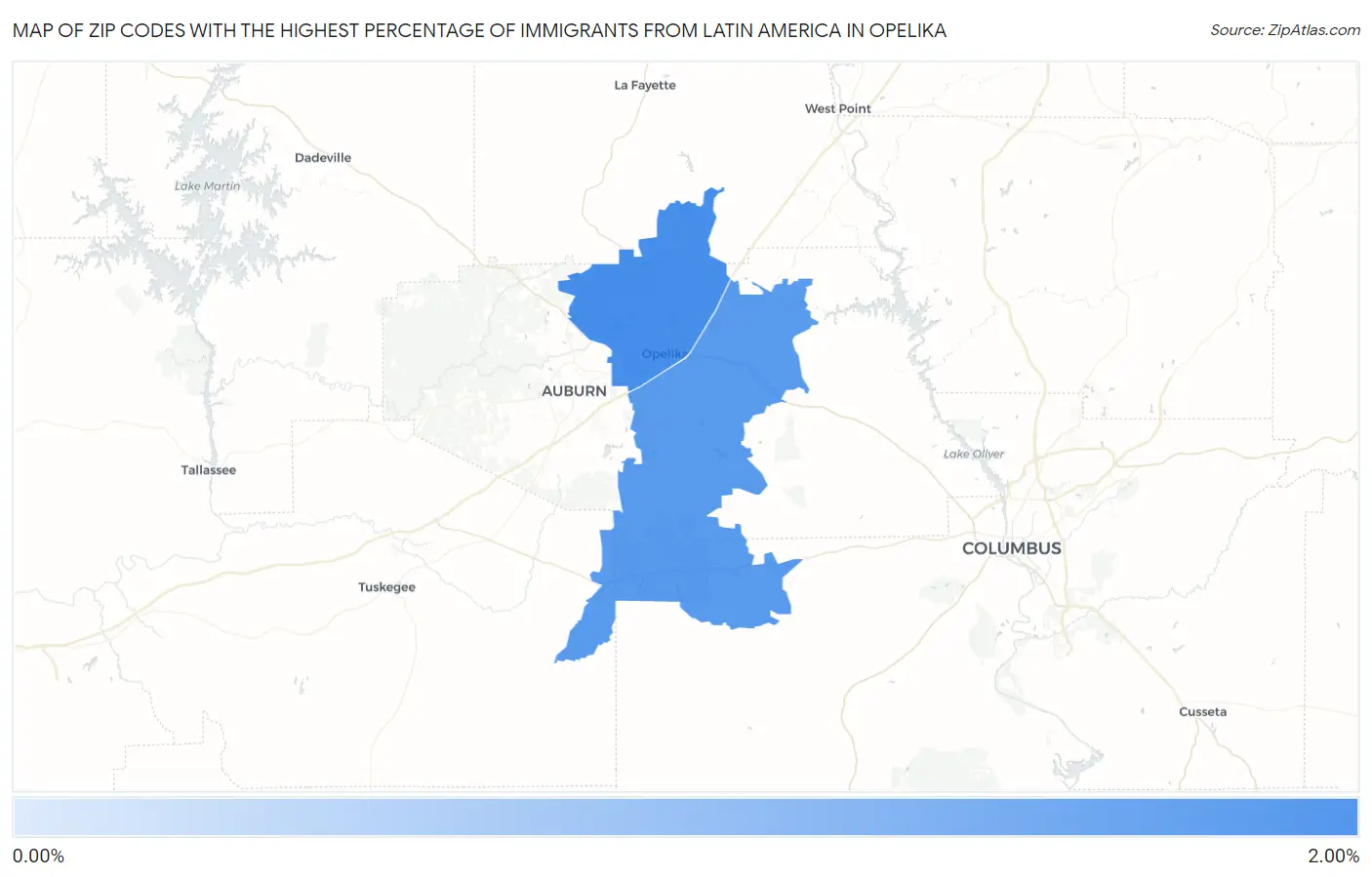 Zip Codes with the Highest Percentage of Immigrants from Latin America in Opelika Map