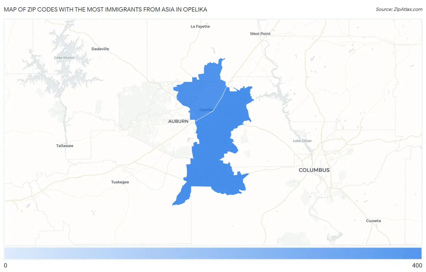 Zip Codes with the Most Immigrants from Asia in Opelika Map
