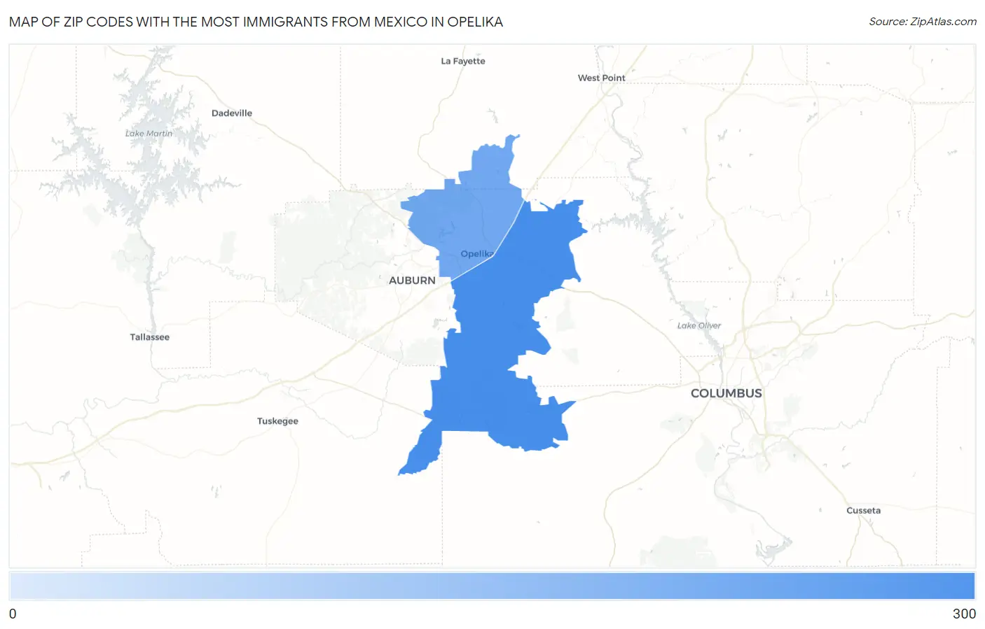 Zip Codes with the Most Immigrants from Mexico in Opelika Map