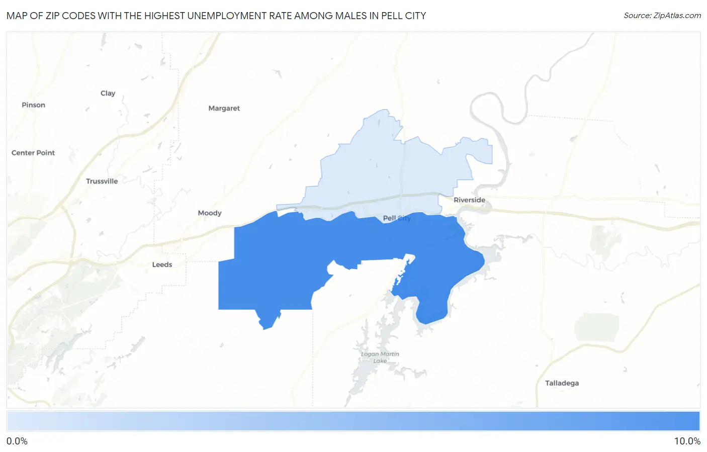 Zip Codes with the Highest Unemployment Rate Among Males in Pell City Map