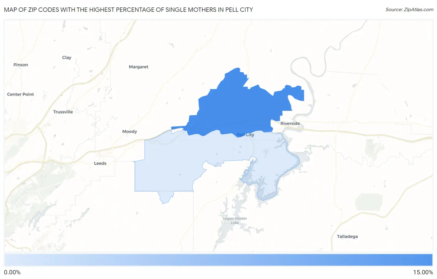 Zip Codes with the Highest Percentage of Single Mothers in Pell City Map