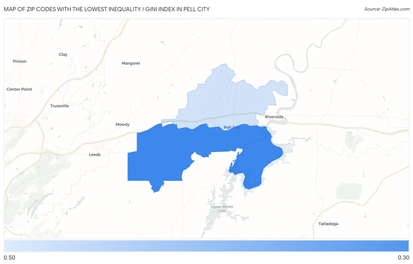 Zip Codes with the Lowest Inequality / Gini Index in Pell City Map