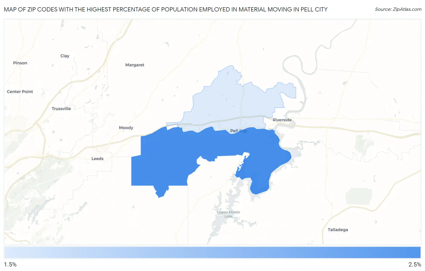 Zip Codes with the Highest Percentage of Population Employed in Material Moving in Pell City Map
