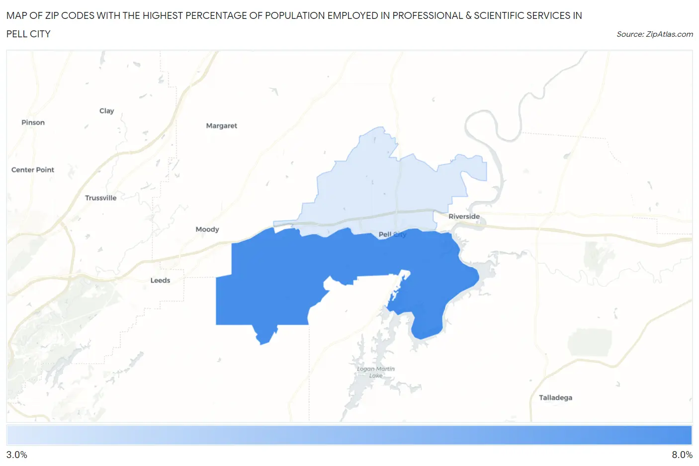 Zip Codes with the Highest Percentage of Population Employed in Professional & Scientific Services in Pell City Map