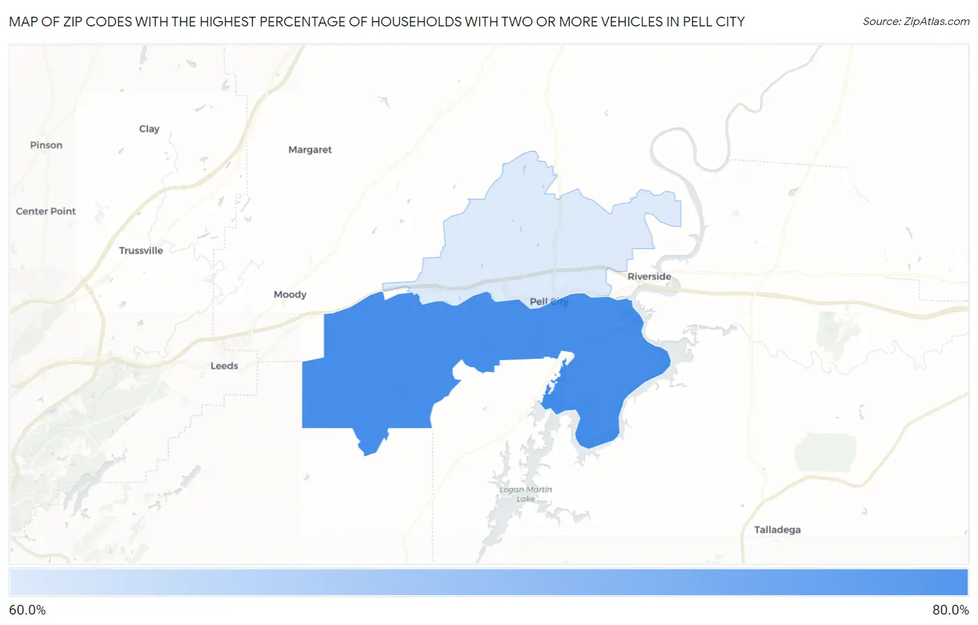 Zip Codes with the Highest Percentage of Households With Two or more Vehicles in Pell City Map