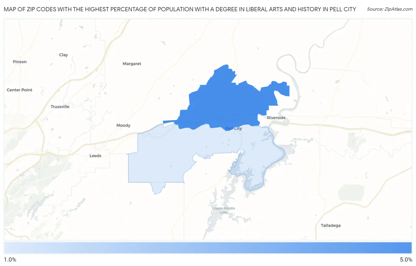 Zip Codes with the Highest Percentage of Population with a Degree in Liberal Arts and History in Pell City Map