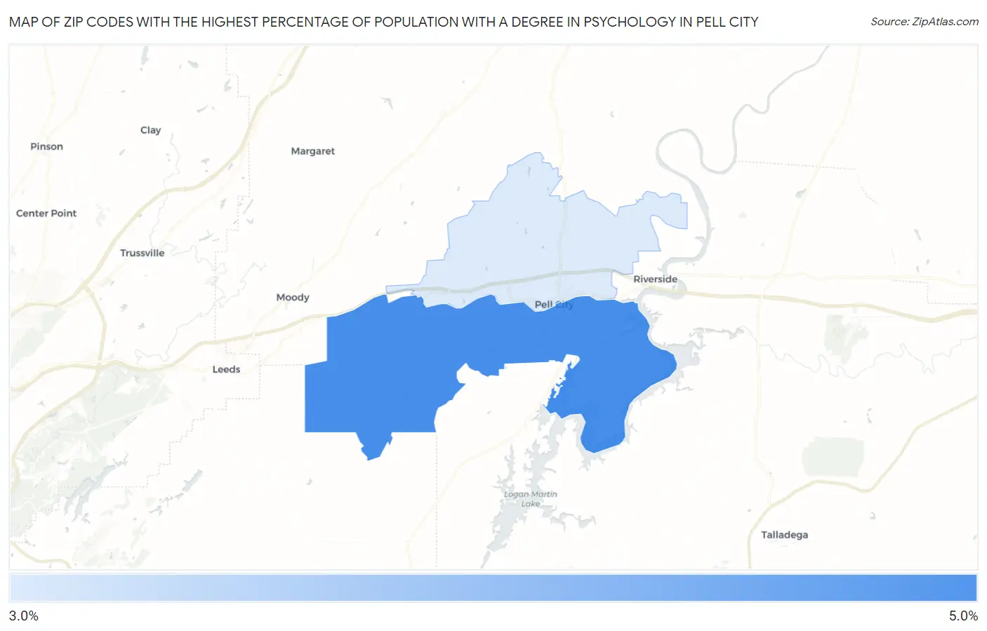 Zip Codes with the Highest Percentage of Population with a Degree in Psychology in Pell City Map