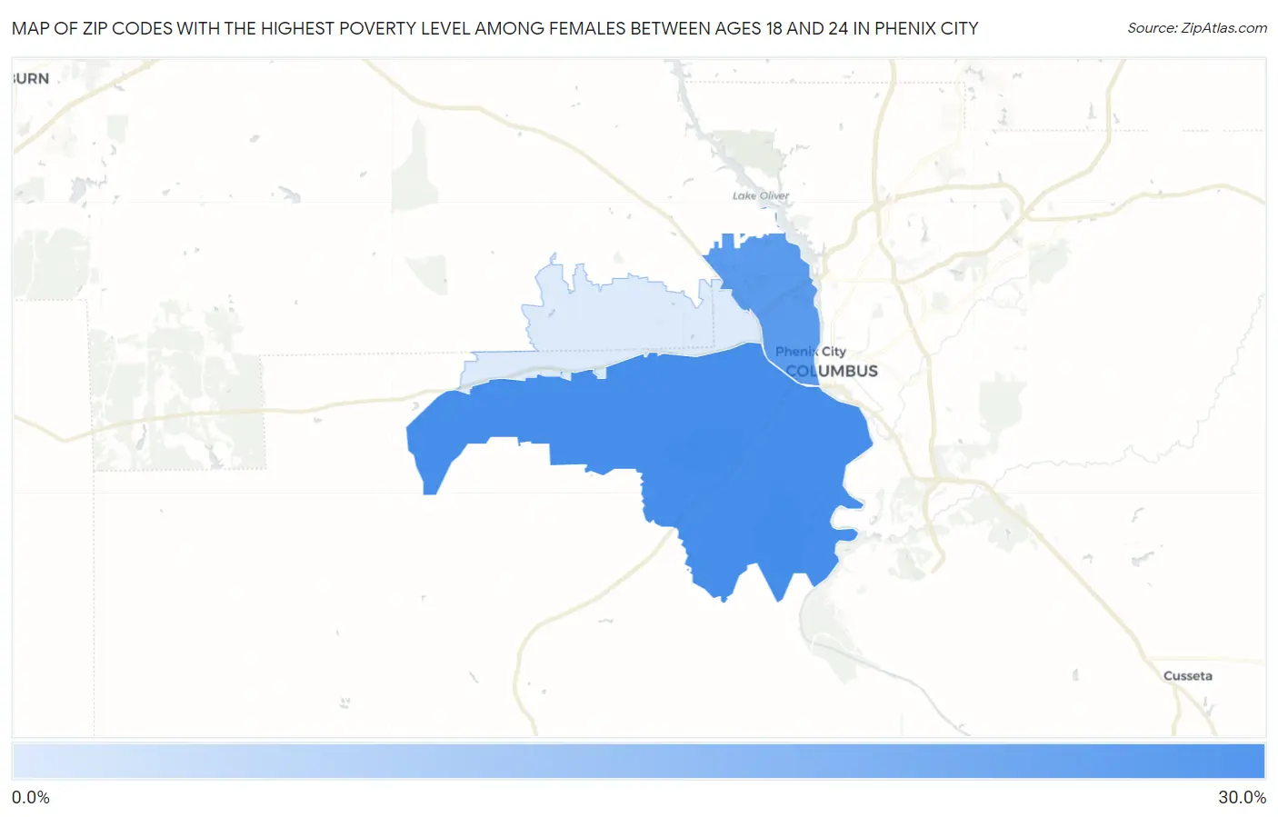 Zip Codes with the Highest Poverty Level Among Females Between Ages 18 and 24 in Phenix City Map