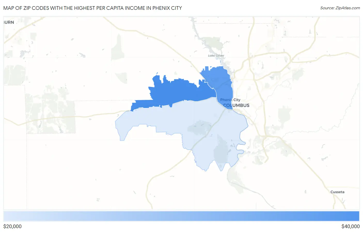 Zip Codes with the Highest Per Capita Income in Phenix City Map