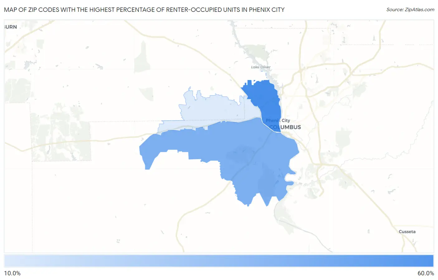 Zip Codes with the Highest Percentage of Renter-Occupied Units in Phenix City Map