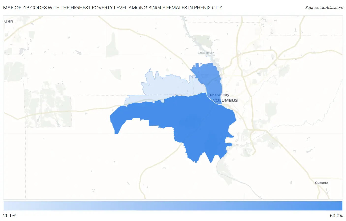 Zip Codes with the Highest Poverty Level Among Single Females in Phenix City Map