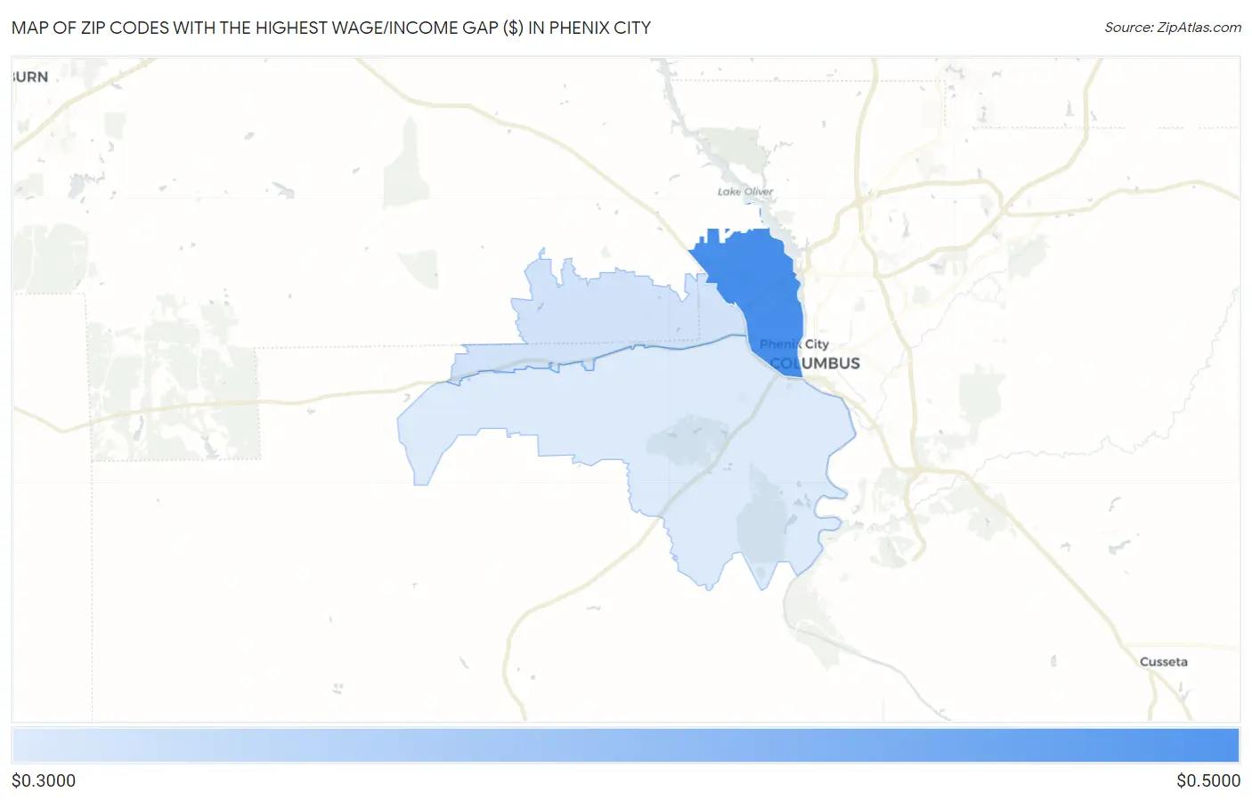 Zip Codes with the Highest Wage/Income Gap ($) in Phenix City Map